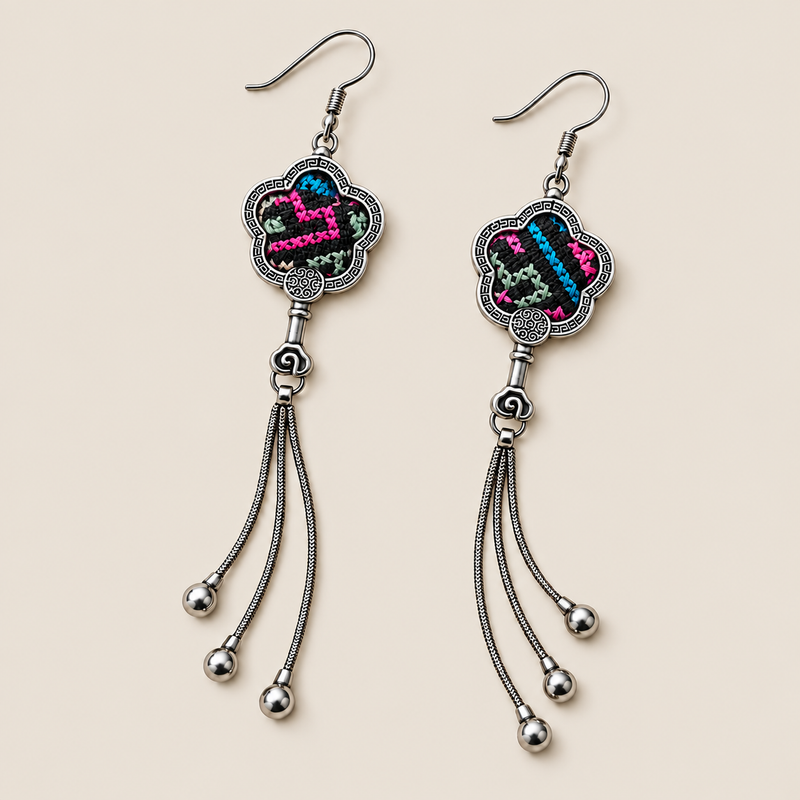 Rose Constellation floral tassel earrings laid diagonally with pink, green and blue geometric stitches on a dark ground facing up and three chain tassels with rounded drops visible.