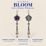 BLOOM collection story panel with front and reverse views of Rose Constellation earrings and the words Grow with grace. Welcome joy.