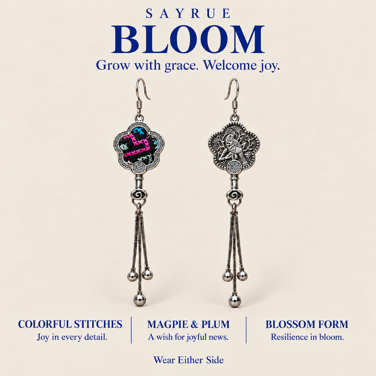 BLOOM collection story panel with front and reverse views of Rose Constellation earrings and the words Grow with grace. Welcome joy.
