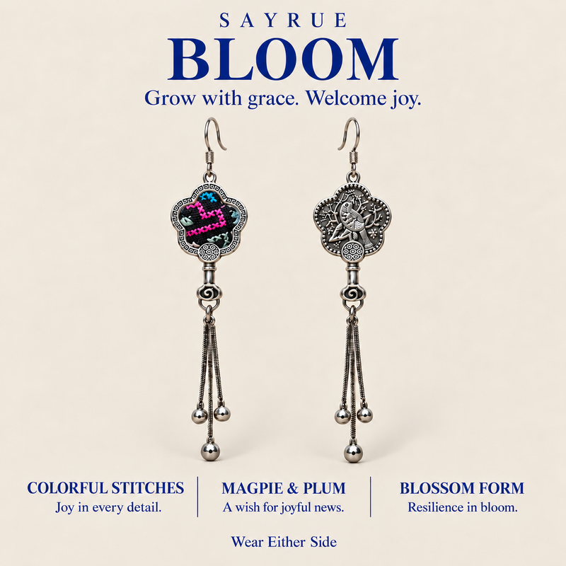 BLOOM collection story panel with front and reverse views of Rose Constellation earrings and the words Grow with grace. Welcome joy.