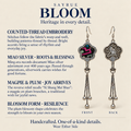 Counted-thread embroidery craft information panel with front and reverse views of Rose Constellation earrings, showing the textile flower and bird relief design.