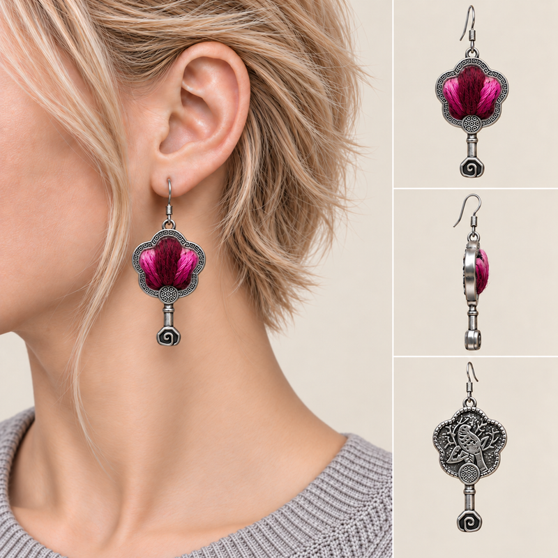 Fuchsia Dawn floral earrings worn with the textile front facing outward, beside front, side and reverse product views.