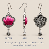 Fuchsia Dawn floral earrings, front, side and reverse views with dimensions: 3.5 cm long including hooks, 1.5 cm wide and 0.5 cm thick.
