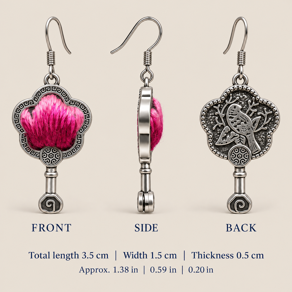 Fuchsia Dawn floral earrings, front, side and reverse views with dimensions: 3.5 cm long including hooks, 1.5 cm wide and 0.5 cm thick.