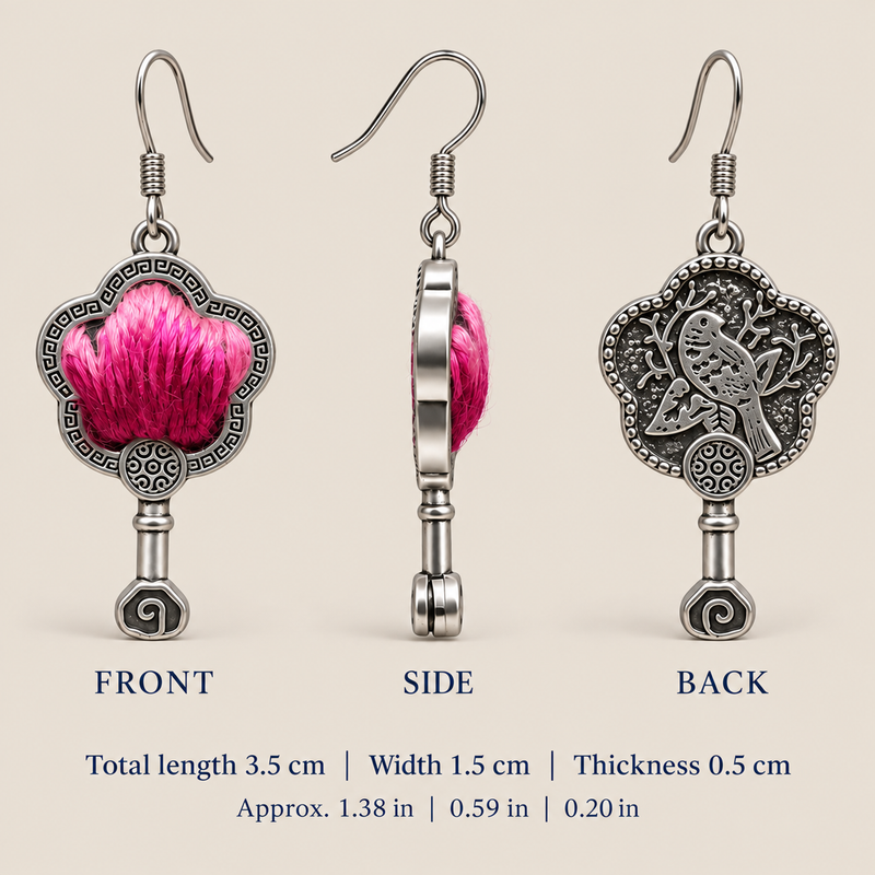 Fuchsia Dawn floral earrings, front, side and reverse views with dimensions: 3.5 cm long including hooks, 1.5 cm wide and 0.5 cm thick.