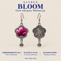 BLOOM collection story panel with front and reverse views of Fuchsia Dawn earrings and the words Grow with grace. Welcome joy.