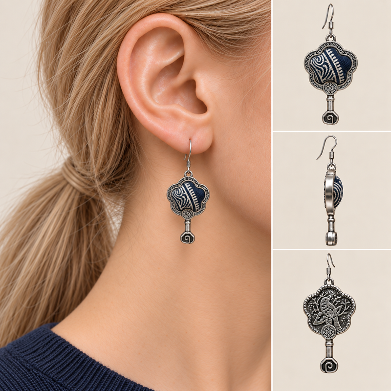 Indigo Echo floral earrings worn with the textile front facing outward, beside front, side and reverse product views.