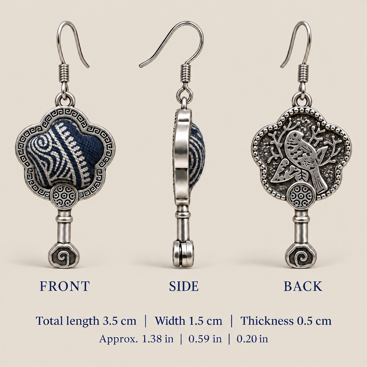 Indigo Echo floral earrings, front, side and reverse views with dimensions: 3.5 cm long including hooks, 1.5 cm wide and 0.5 cm thick.