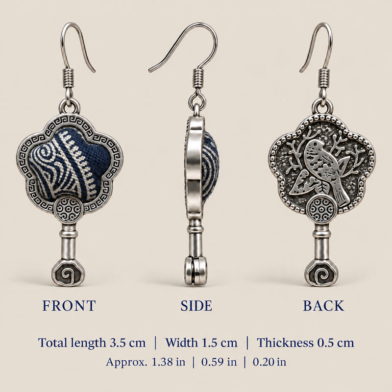 Indigo Echo floral earrings, front, side and reverse views with dimensions: 3.5 cm long including hooks, 1.5 cm wide and 0.5 cm thick.