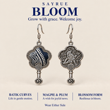 BLOOM collection story panel with front and reverse views of Indigo Echo earrings and the words Grow with grace. Welcome joy.