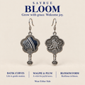 BLOOM collection story panel with front and reverse views of Indigo Echo earrings and the words Grow with grace. Welcome joy.