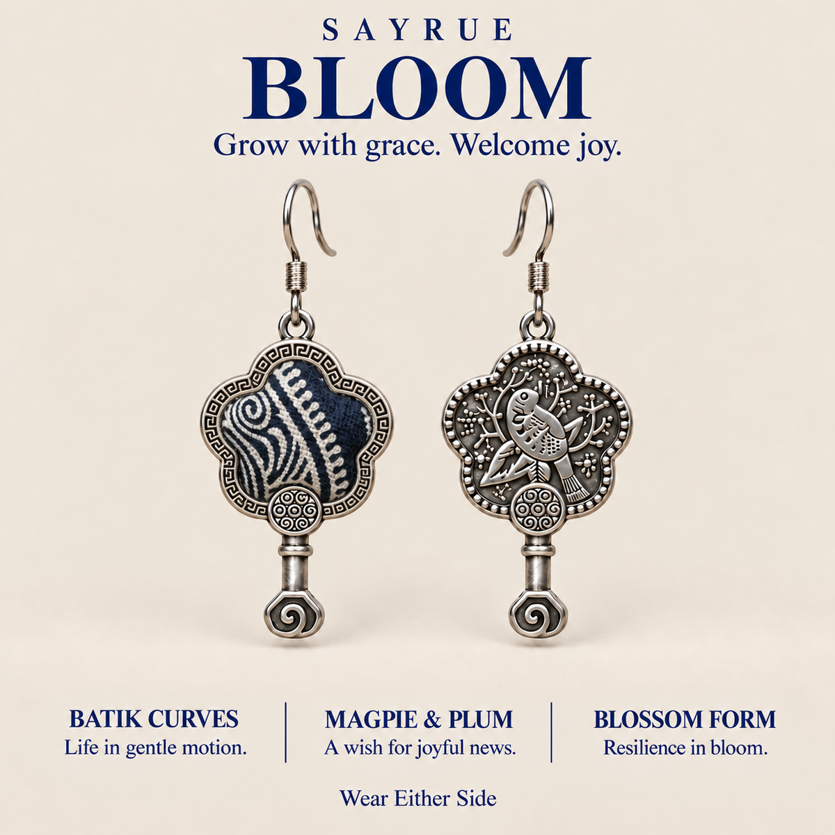 BLOOM collection story panel with front and reverse views of Indigo Echo earrings and the words Grow with grace. Welcome joy.