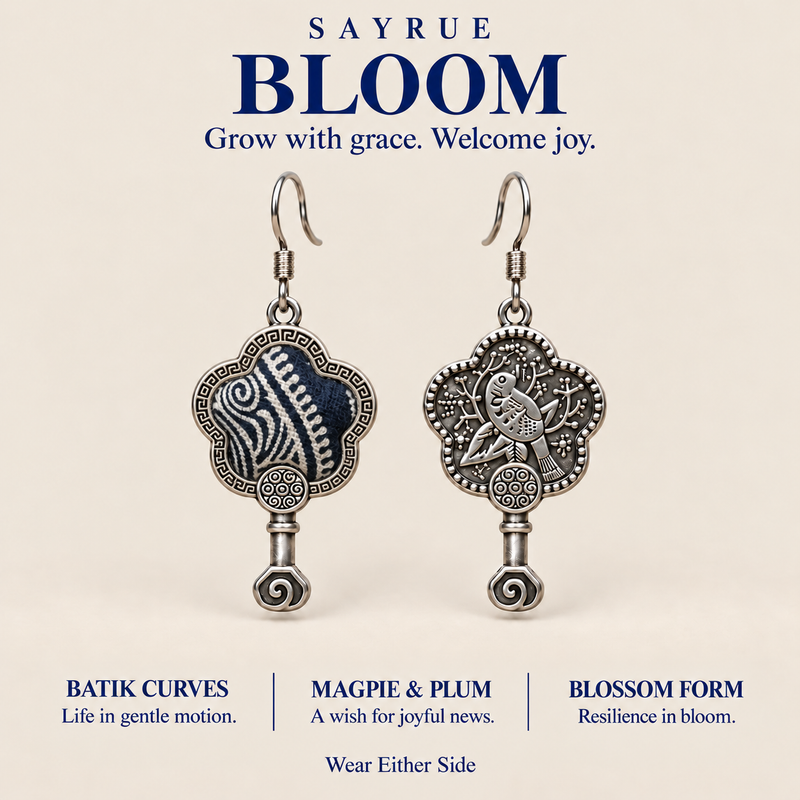 BLOOM collection story panel with front and reverse views of Indigo Echo earrings and the words Grow with grace. Welcome joy.