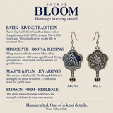 Batik craft information panel with front and reverse views of Indigo Echo earrings, showing the textile flower and bird relief design.