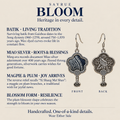 Batik craft information panel with front and reverse views of Indigo Echo earrings, showing the textile flower and bird relief design.