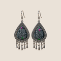 Midnight Currents batik teardrop earrings with pale spirals on dark textile, pink and green accents and five short drops.