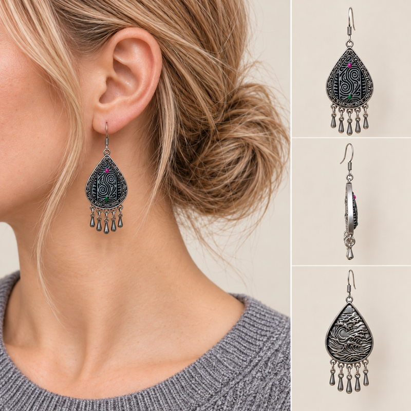 Model wearing a Midnight Currents batik earring, beside front, side and wave-relief reverse views.