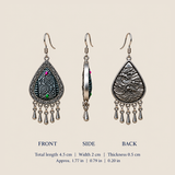 Midnight Currents dimensions: 4.5 cm long including hook, 2 cm wide and 0.5 cm thick, with front, side and back views.