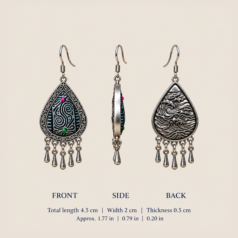 Midnight Currents dimensions: 4.5 cm long including hook, 2 cm wide and 0.5 cm thick, with front, side and back views.