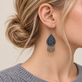 Close-up of a worn Midnight Currents earring showing pale batik spirals, pink and green accents and five short drops.