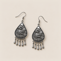 Midnight Currents earrings lying flat with wave-relief metal backs and five short drops visible.