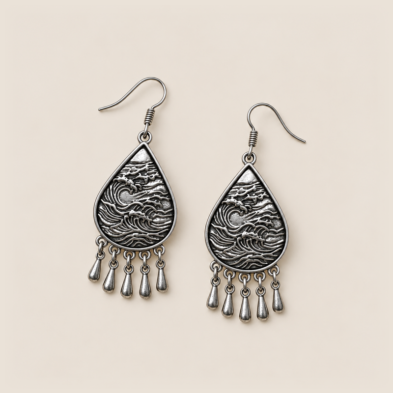 Midnight Currents earrings lying flat with wave-relief metal backs and five short drops visible.