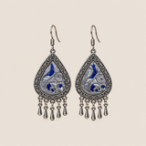 Silver Tide teardrop earrings with deep-blue Panjin embroidery and five short drops on each earring.