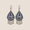 Silver Tide teardrop earrings with deep-blue Panjin embroidery and five short drops on each earring.