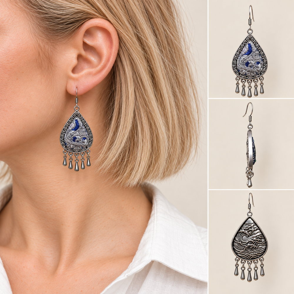Silver Tide earring worn with the embroidered front facing outward, beside front, side and reverse views.