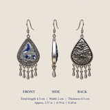 Silver Tide front, side and back views: 4.5 cm total length including hook, 2 cm width and 0.5 cm thickness.