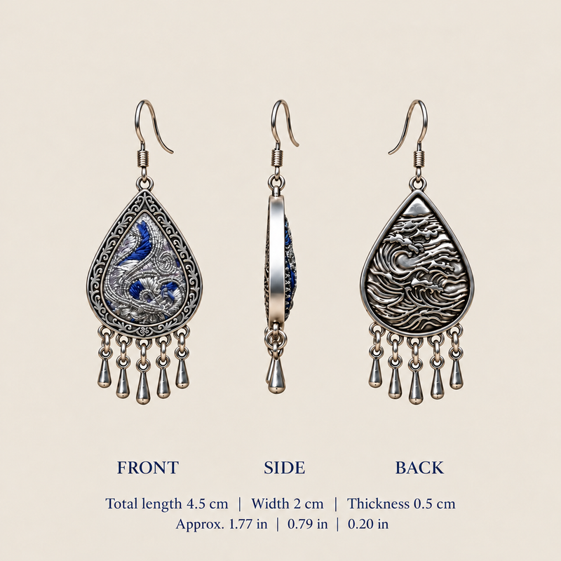 Silver Tide front, side and back views: 4.5 cm total length including hook, 2 cm width and 0.5 cm thickness.
