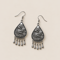 Reverse view of Silver Tide earrings showing raised wave patterns and five short drops on each earring.