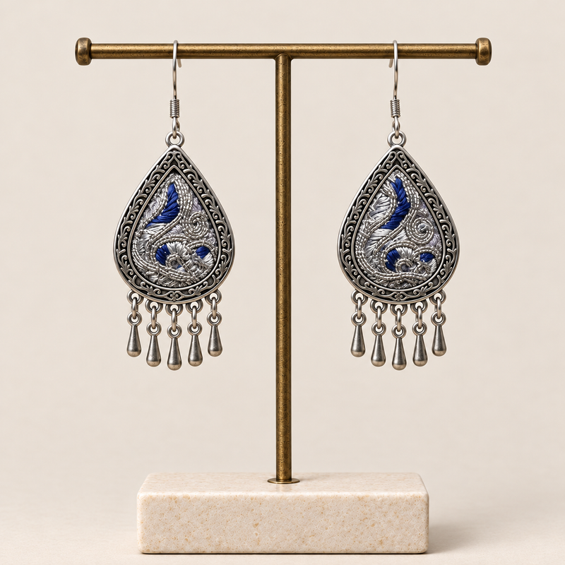 Silver Tide earrings hanging from a display stand with their embroidered fronts facing forward.