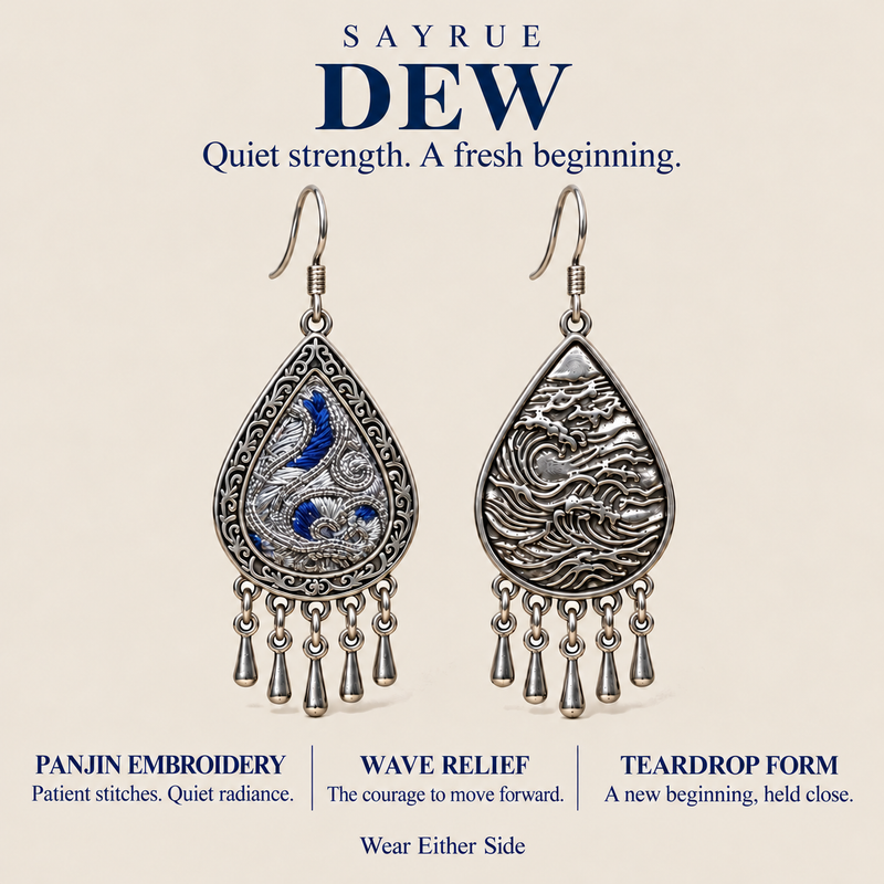 DEW collection story: quiet strength and a fresh beginning, with Silver Tide front and reverse views.