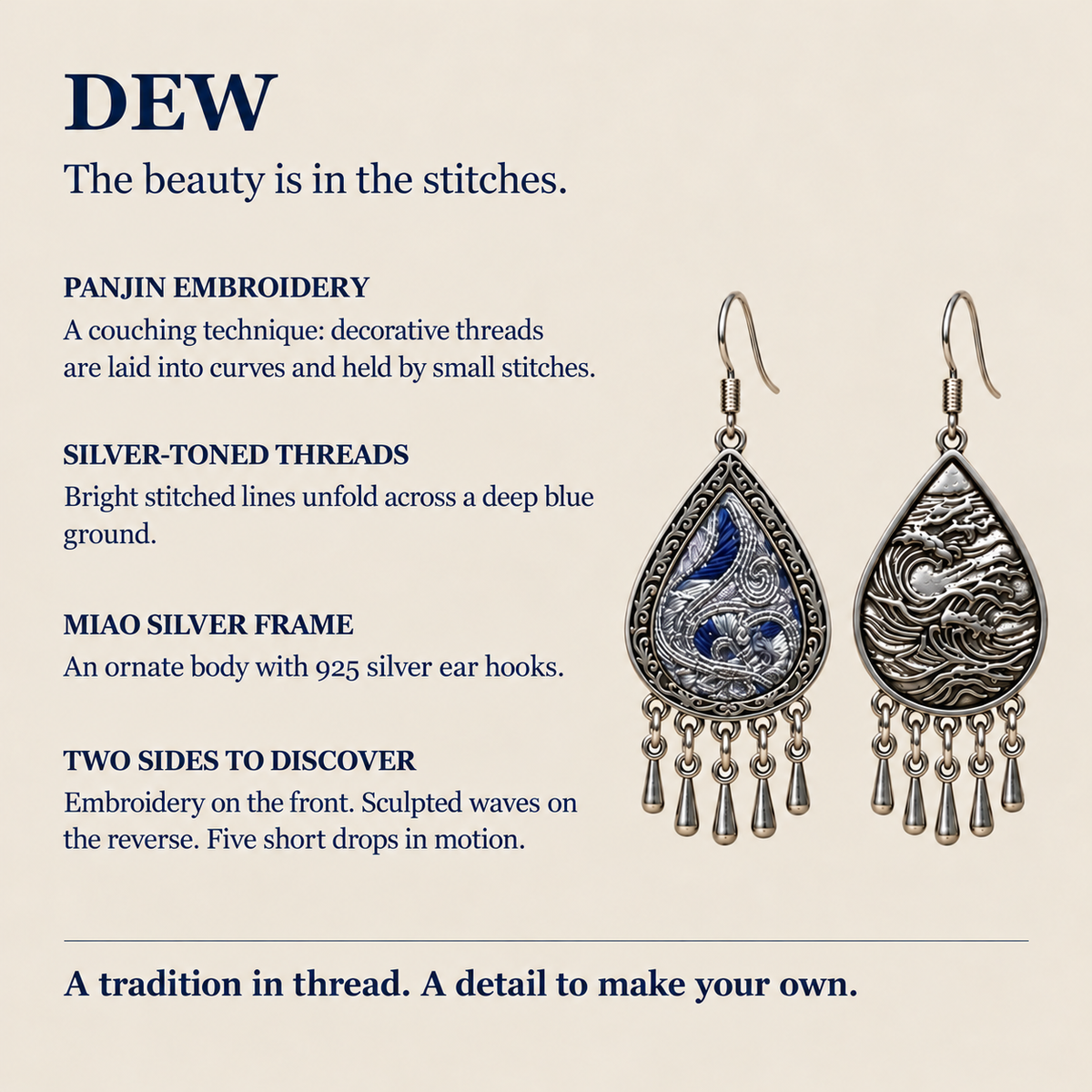 Panjin embroidery guide with Silver Tide front and reverse views, silver-toned threads and wave-relief details.