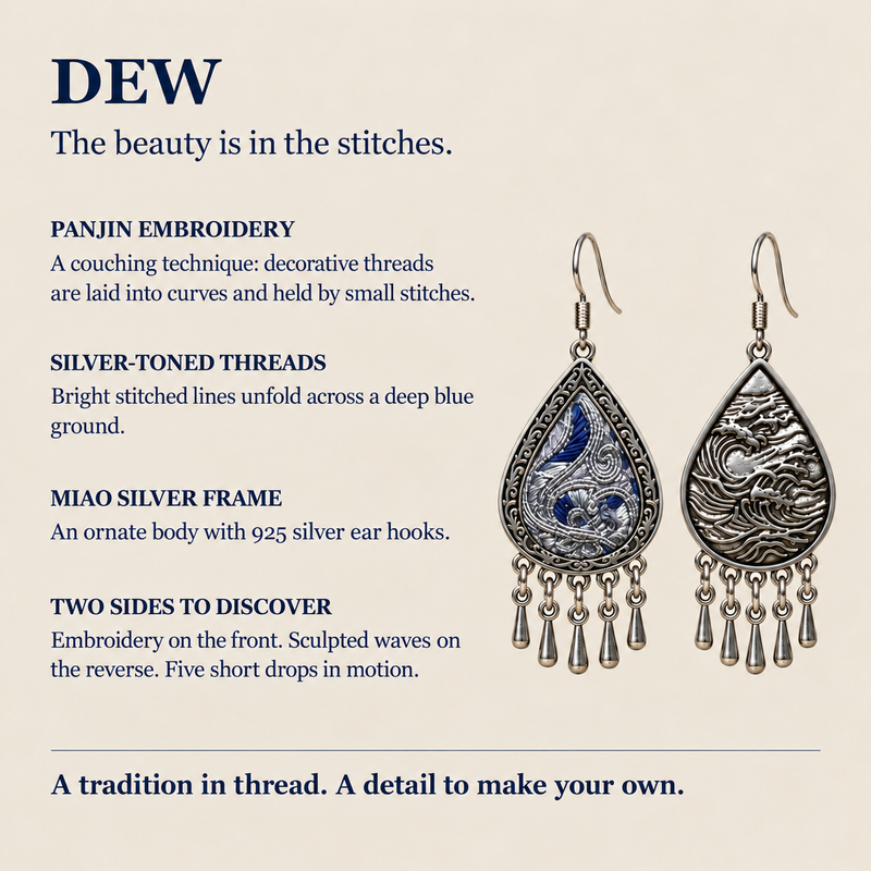 Panjin embroidery guide with Silver Tide front and reverse views, silver-toned threads and wave-relief details.
