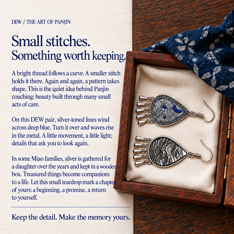 Panjin story panel with Silver Tide earrings in a wooden box used as a styling prop, not included packaging.