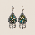 Verdant Reverie teardrop earrings with teal, olive-green, brown and cream horsehair embroidery and five short drops on each earring.