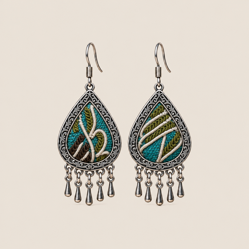 Verdant Reverie teardrop earrings with teal, olive-green, brown and cream horsehair embroidery and five short drops on each earring.