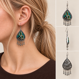 Verdant Reverie earrings worn with embroidery facing outward, beside front, side and wave-relief reverse views.
