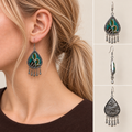 Verdant Reverie earrings worn with embroidery facing outward, beside front, side and wave-relief reverse views.