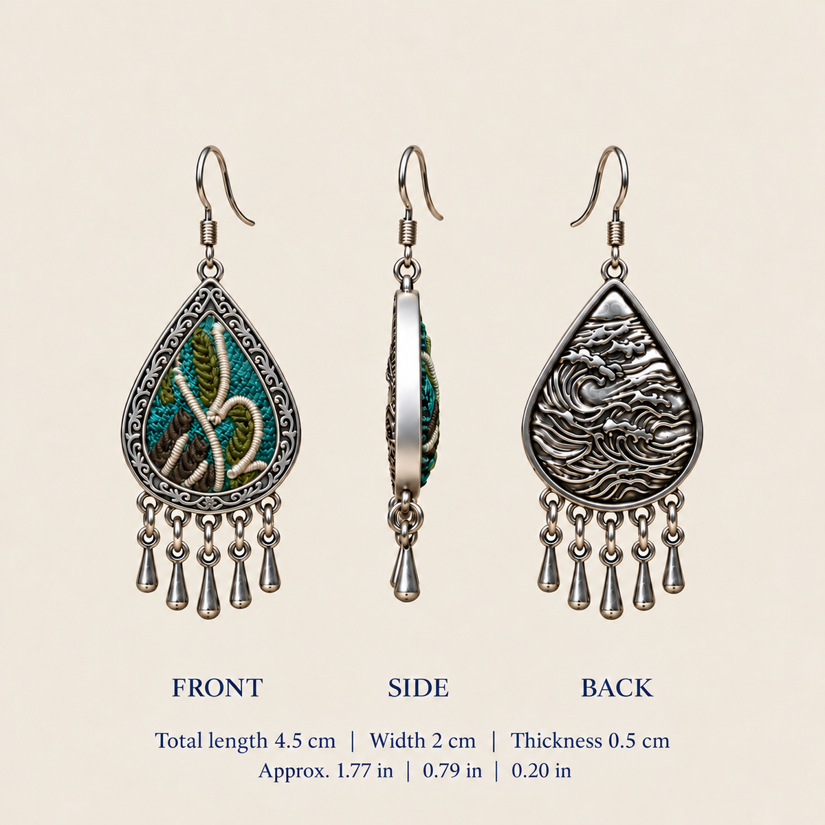 Verdant Reverie front, side and back views: 4.5 cm total length including hooks, 2 cm wide and 0.5 cm thick.