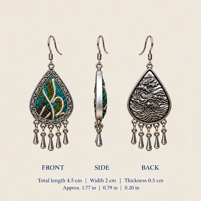 Verdant Reverie front, side and back views: 4.5 cm total length including hooks, 2 cm wide and 0.5 cm thick.