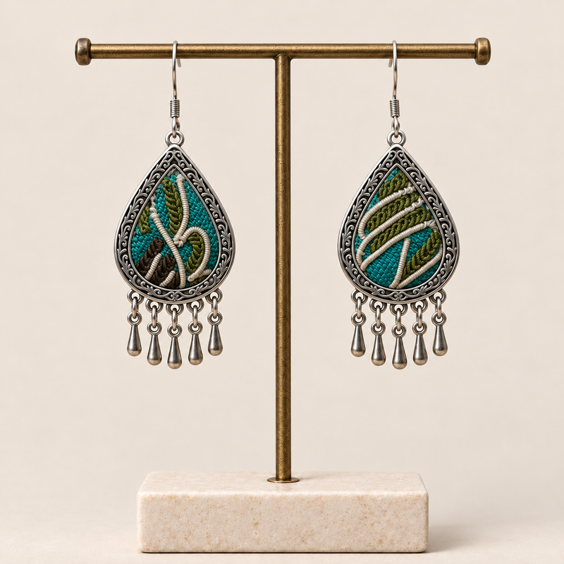 Verdant Reverie embroidered teardrop earrings hanging from a T-bar stand, with five short drops on each earring.