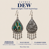 DEW collection story panel showing the embroidered front and wave reverse of Verdant Reverie, with Quiet strength. Fresh beginnings.
