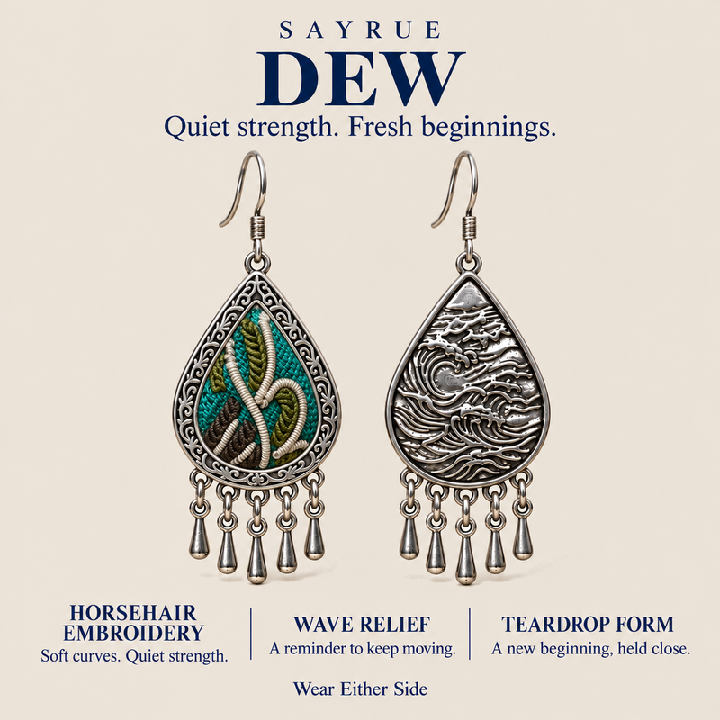 DEW collection story panel showing the embroidered front and wave reverse of Verdant Reverie, with Quiet strength. Fresh beginnings.