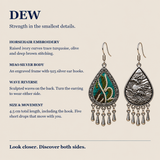 Verdant Reverie detail panel showing horsehair embroidery, Miao silver body, 925 silver ear hooks and reversible wave relief.