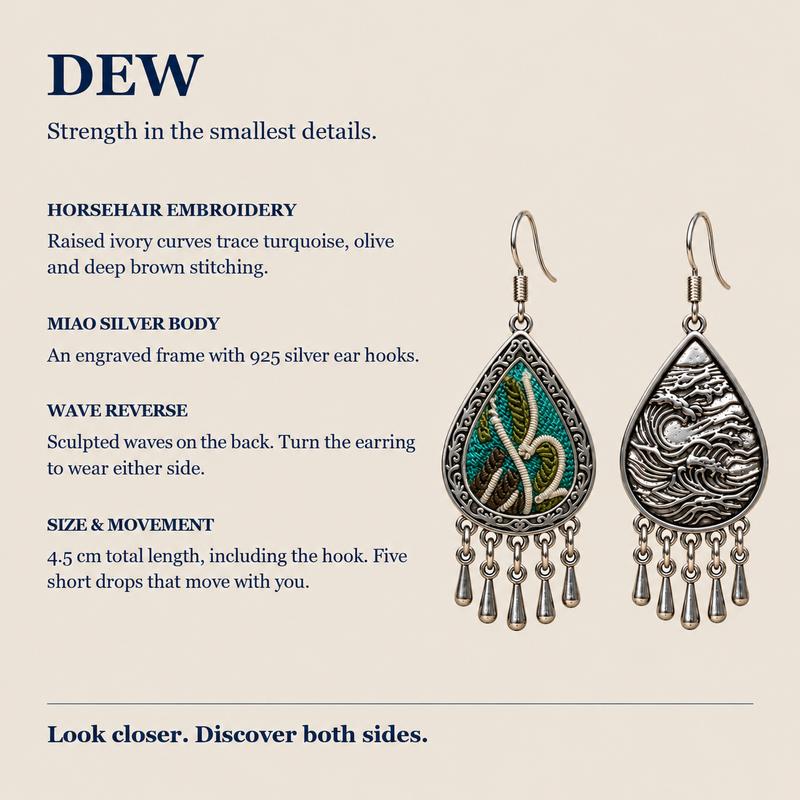 Verdant Reverie detail panel showing horsehair embroidery, Miao silver body, 925 silver ear hooks and reversible wave relief.