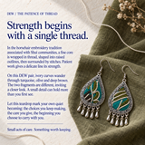DEW craft story panel titled Strength begins with a single thread, with Verdant Reverie earrings on olive cloth beside paper, thread and dried flowers.