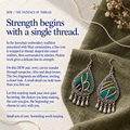 DEW craft story panel titled Strength begins with a single thread, with Verdant Reverie earrings on olive cloth beside paper, thread and dried flowers.